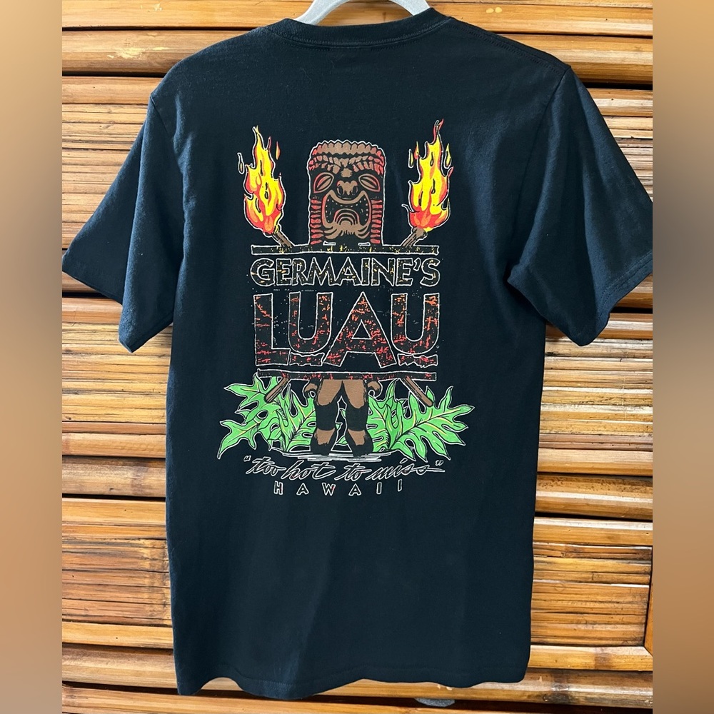 Vintage Germaine’s Luau Hawaii Shirt Small ~ Black Tiki Shirt ~Hawaii Shirt